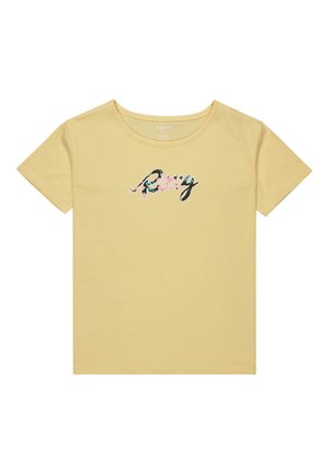 T-shirt in cotone giallo con maniche corte e scollatura rotonda. Presenta il logo "Roxy" in un design colorato e testurizzato sulla parte anteriore.