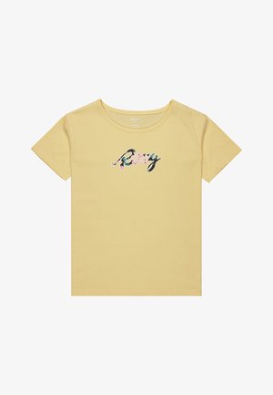 Geel katoenen T-shirt met korte mouwen en een ronde hals. Voorzien van het "Roxy"-logo in een kleurrijk, textuurachtig ontwerp over de borst.