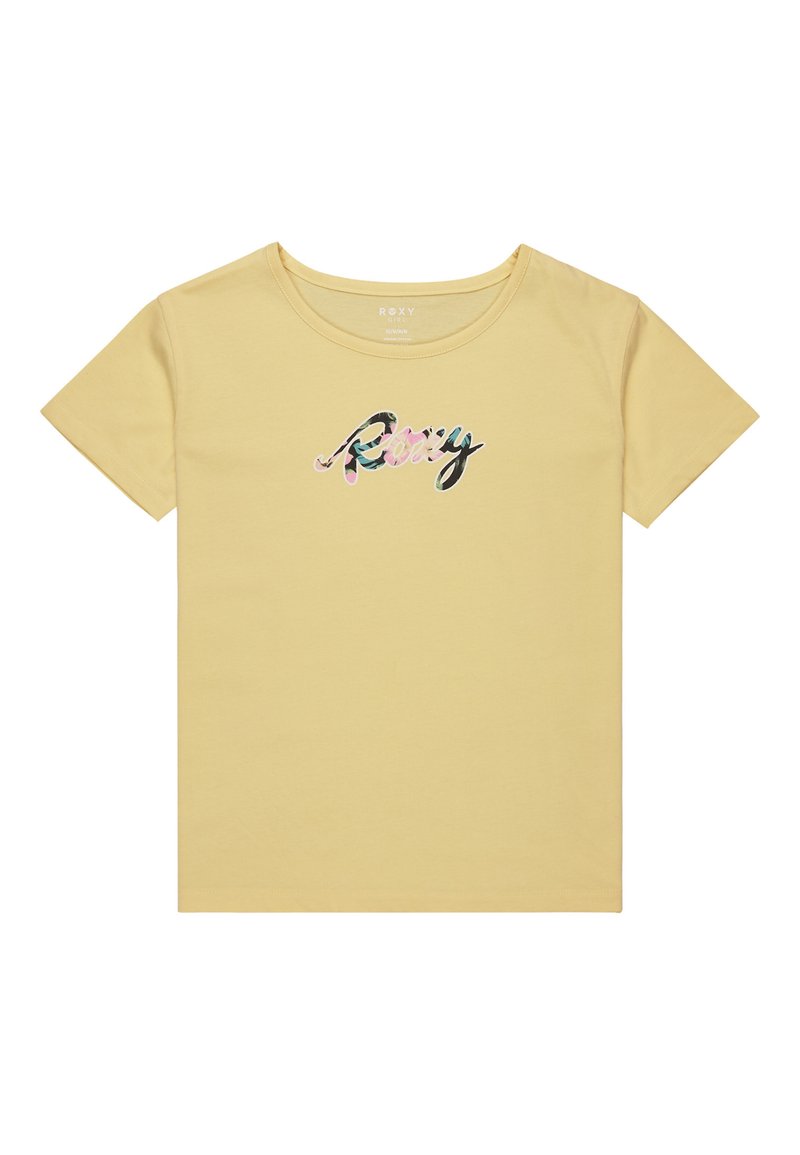 Camiseta de algodón amarilla con mangas cortas y escote redondo. Presenta el logo "Roxy" en un diseño colorido y texturizado en el pecho.