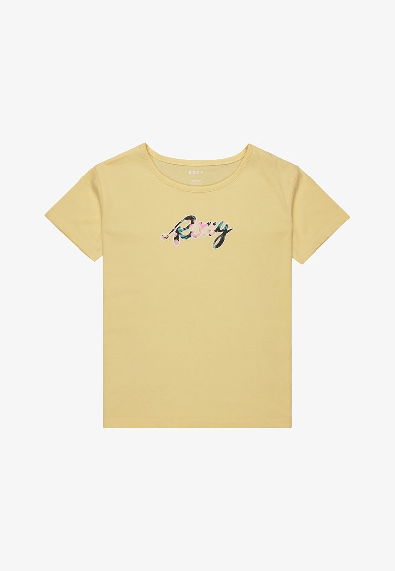 Camiseta de algodón amarilla con mangas cortas y escote redondo. Presenta el logo "Roxy" en un diseño colorido y texturizado en el pecho.