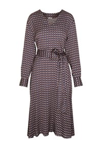 Robe portefeuille à motifs de couleur bleu foncé, dotée de manches longues, d'un décolleté en V et d'une ceinture nouée. Le tissu présente un design géométrique multicolore.