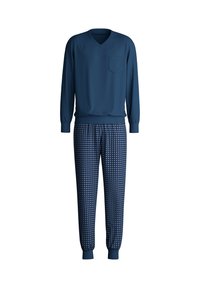 Marineblauwe lange mouw V-hals top met een borstzak, gecombineerd met gestreepte marineblauwe broek met elastische boorden en een geometrisch ontwerp.