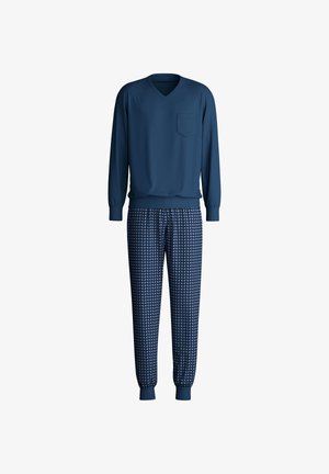 Marineblauwe lange mouw V-hals top met een borstzak, gecombineerd met gestreepte marineblauwe broek met elastische boorden en een geometrisch ontwerp.