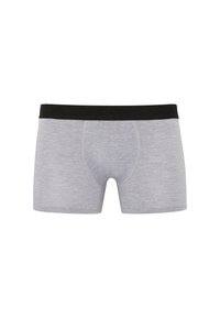 Grey boxer briefs with a black elastic waistband embossed with "LONDON." Composed of soft material, featuring a fitted shape and stitched details.