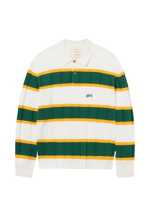 Hvit langermet poloshirt med grønne og gule horisontale striper, to brune knapper og lite brodert logo på brystet.
