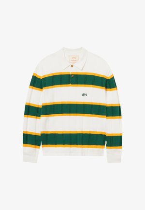 Polo bianca a maniche lunghe con strisce orizzontali verdi e gialle, due bottoni marroni e piccolo logo ricamato sul petto.