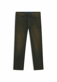 Jeans de mezclilla verde oscuro con corte recto. Cuenta con bolsillos frontales y una cinturilla de marca. Textura suave con sutiles detalles de desgaste.