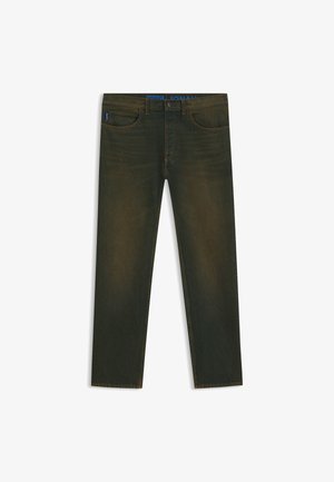 Dunkelgrüne Jeans aus Denim mit geradem Schnitt. Verfügt über frontale Taschen und einen markierten Bund. Glatte Textur mit dezenten Verwaschungen.