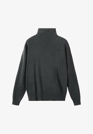 Dunkelgrauer Rollkragenpullover aus weichem Stoff, mit lockerem Schnitt, langen Ärmeln sowie gerippten Bündchen und Saum. Glatte Textur.