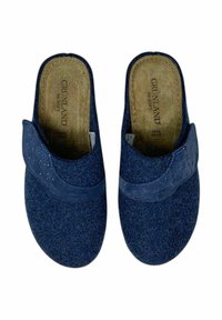 Pantofole in feltro blu con un pannello frontale liscio e decorazioni di strass. Presentano una soletta imbottita e design senza lacci.