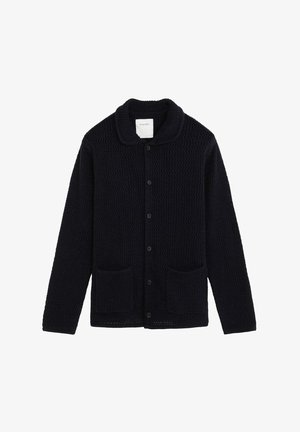 Black knitted long-sleeve cardigan with collar, button front, and two front pockets, displayed on a white background.