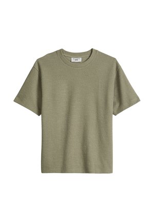 Short-sleeve crewneck t-shirt in light olive green with textured fabric and a small brand label inside the neckline.