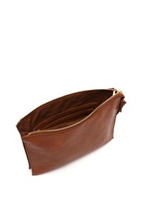 Brown leather clutch with a smooth texture; features a gold-tone zipper and multiple interior compartments for organization.