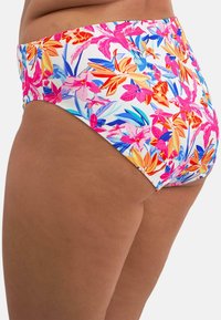 Parte inferior de bikini de talle alto en blanco con un vibrante patrón floral que presenta hojas en tonos rosa, naranja y azul. Tejido suave y elástico.