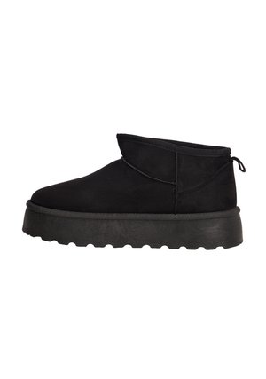 Black ankle boots with a rounded toe, soft suede material, slim design, and a thick, textured rubber sole. Features a back pull tab.