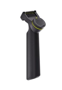 Zwarte haarkapper met een gestructureerde grip, een verstelbare kambevestiging en een rond schuifmechanisme voor lengtestanden. Opvallende groene accenten.