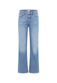Ljusblå denim jeans med vida ben och hög midja, med en klassisk knappstängning, fem-fickorsdesign och subtila blekningar på benen.