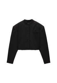 Schwarze, cropped Jacke mit langen Ärmeln, aus glattem Stoff gefertigt. Verfügt über einen runden Ausschnitt, einen Knopfverschluss und eine kleine Brusttasche.