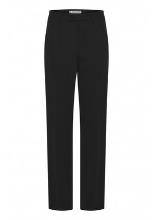 Schwarze Hose aus Stoff mit glatter Textur, mit geradem Bein, Gürtelschlaufen und vorderen Taschen.