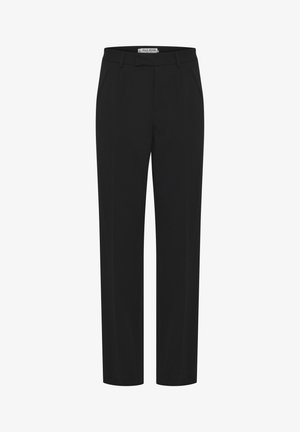 Pantalons noirs en tissu au texture lisse, présentant une coupe droite, des passants de ceinture et des poches avant.