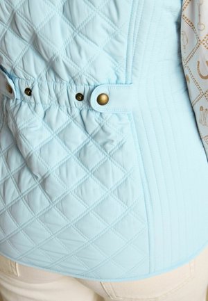 Hele sinine tikitud jakk tagantpoolt reguleeritava nööbiga rihma ja messingnööpidega, kantud beežide pükste kohal.