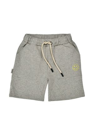Light gray toddler shorts with elastic waist, beige drawstring, front pockets, and small yellow smiley face on the right leg.