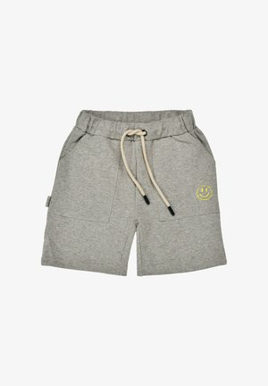 Light gray toddler shorts with elastic waist, beige drawstring, front pockets, and small yellow smiley face on the right leg.