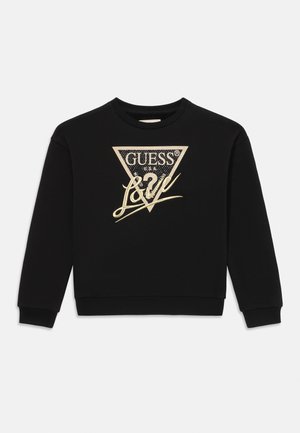 Sweatshirt noir avec un logo triangulaire arborant "GUESS" et "LOVE" en or, accents texturés, et un col rond. Tissu doux, manches longues.