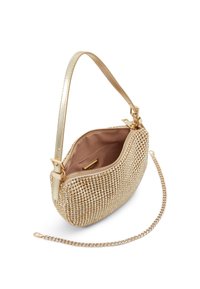 Gold beaded handbag with a smooth metallic strap, zip closure, and a chain handle. Interior features a soft brown lining.