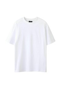 En enfärgad vit T-shirt med kort ärm och rund halsringning i bomull, med en svart etikett inuti kragen.