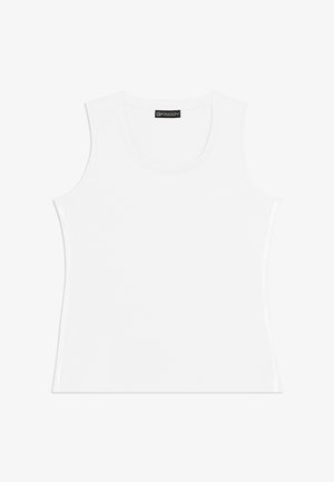 Débardeur blanc ajusté sans manches avec encolure ronde et étiquette "Freddy" au dos du col, présenté sur un fond blanc.