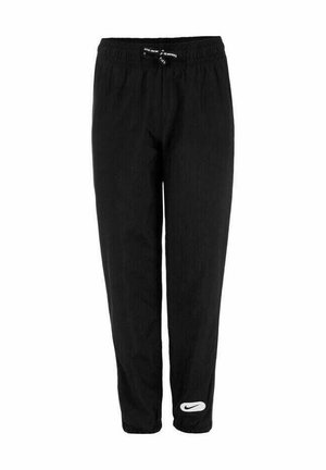 Pantalons de sport noirs en tissu léger, dotés d'une taille élastique avec cordon de serrage et d'un logo Nike blanc en bas à gauche.