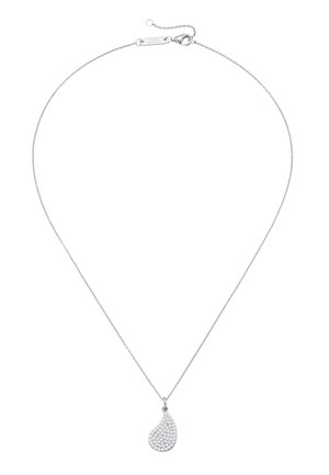 Delicate silver necklace with teardrop-shaped pendant encrusted with small white crystals, featuring lobster clasp and adjustable chain.