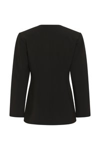 Fekete, hosszú ujjú, szabott zakó strukturált vállakkal és testhez simuló derékrésszel, fehér háttéren, hátulról megjelenítve.