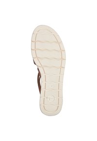 Sandal sole, cream with textured grooves and a circular logo; light brown straps attached to the sides; size 37 marked on the sole.