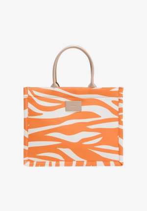 Borsa a tote a righe arancioni e bianche, di forma rettangolare, in tessuto con manici beige. Presenta una toppa con logo sul fronte.