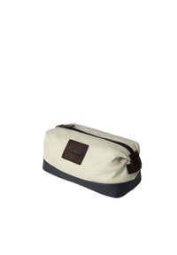 Astuccio in tela con corpo crema, fondo blu e accentuazione in pelle marrone scuro. Presenta una chiusura con zip e una forma rettangolare.