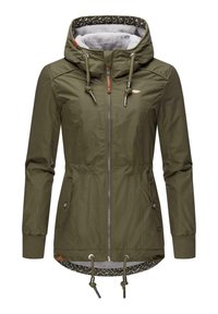 Olivegrønn hettegenser med justerbare snorer, glidelås, elastiske mansjetter og mønstret fôr. Har to sidelommer.