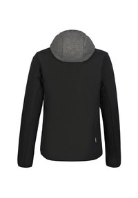 Giacca nera con cappuccio grigio testurizzato. Presenta maniche lunghe e un'esterno elegante e liscio, progettata per un abbigliamento esterno moderno.