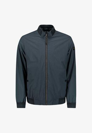 Donkergrijze bomberjack gemaakt van lichtgewicht materiaal, met een ritssluiting aan de voorkant, ribgebreide manchetten en een klein accentlogo op de mouw.