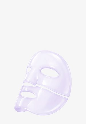 Maschera viso in tessuto traslucido lavanda in due pezzi con ritagli per occhi, naso e bocca, progettata per l'applicazione della cura della pelle.