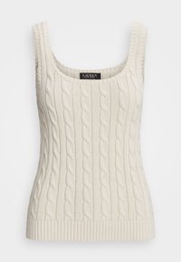 Krämfärgad stickad linne med ribbat mönster och flätstickning, breda axelband och en figurnära design.