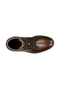 Stivaletto in pelle marrone con una superficie texturizzata, design con lacci e una fodera grigia pelosa. Presenta una suola piatta in gomma nera.