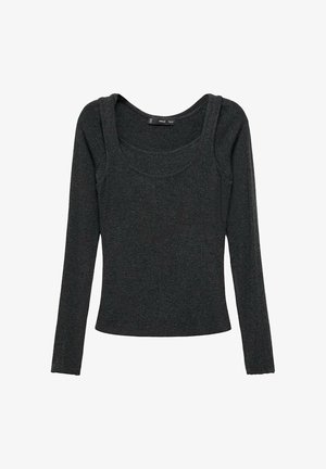Haut à manches longues en gris foncé, fabriqué en tissu doux. Il présente un col rond et une silhouette ajustée avec des détails de couture aux épaules.