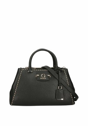 Sac à main Guess en cuir noir avec double poignée, bandoulière amovible, détails de coutures blanches et plaque logo à l'avant.