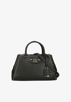 Sac à main Guess en cuir noir avec double poignée, bandoulière amovible, détails de coutures blanches et plaque logo à l'avant.