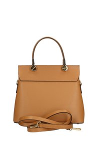 Borsa a tracolla in pelle color tan con forma strutturata, manici superiori doppi, accessori in tonalità oro, tracolla removibile e dettagli cuciti.