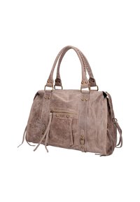 Beige leren handtas met dubbele handvatten, gouden hardware, een voorzak met rits en een ontspannende afwerking. Accenten omvatten decoratieve stiksels.