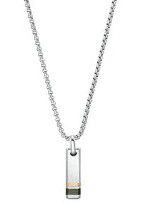 Stalen ketting met een rechthoekige hanger met geborstelde afwerking, koperen en zwarte accenten, en een curb ketting.