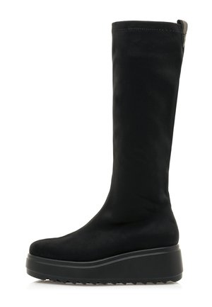 Zwarte kniehoge laars met een gladde stofuiterlijk, chunky rubberen zool en een lichte platformontwerp. Geen zichtbare hardware of details.